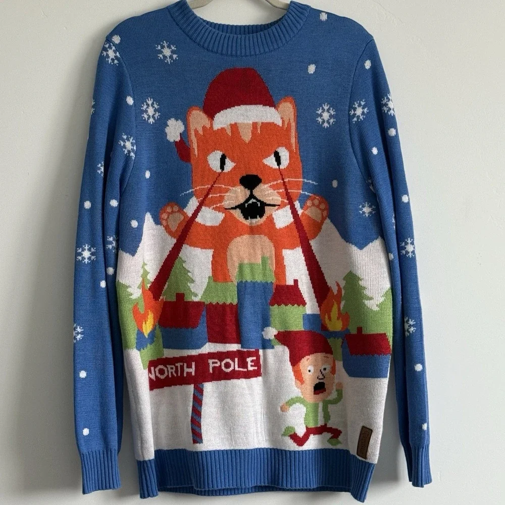 Tipsy‎ Elves Christmas Sweater L Massive Cat Long Sleeve Snow Heavy Party